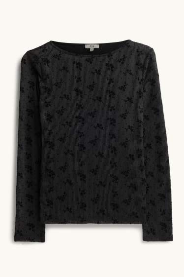 Women - Long sleeve top - slim fit - ribbed - floral - textured - black