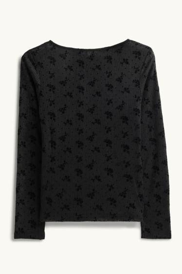 Women - Long sleeve top - slim fit - ribbed - floral - textured - black