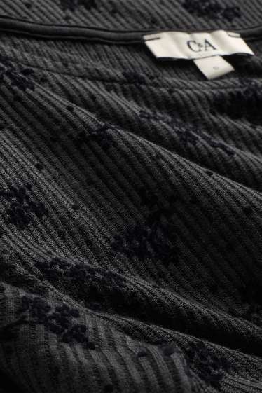 Women - Long sleeve top - slim fit - ribbed - floral - textured - black