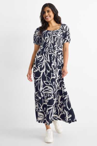 Dona - Vestit fit & flare - de flors - texturat - frunzit - blau fosc / blanc trencat