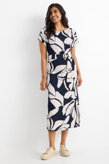 Femmes - Robe à ceinture - à fleurs - texturée - bleu  / beige