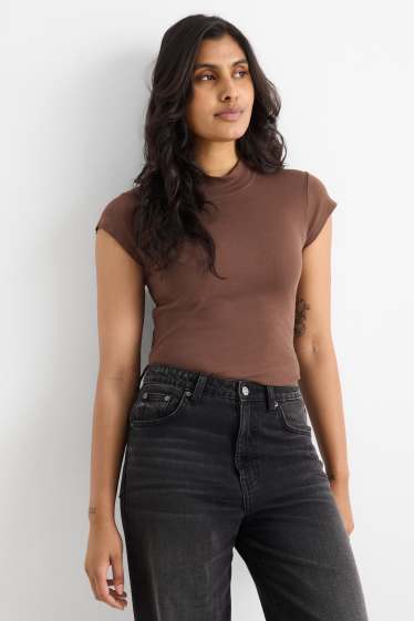 Dames - T-shirt - slim fit - donkerbruin