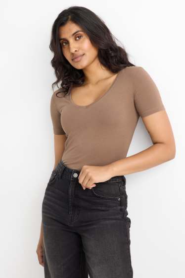 Women - V-neck T-shirt - slim fit - brown