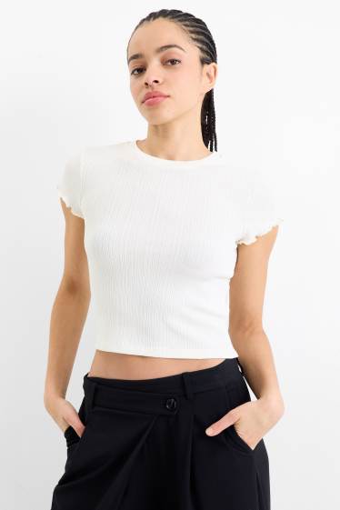 Dames - Kort T-shirt - slim fit - geribd - crèmekleurig