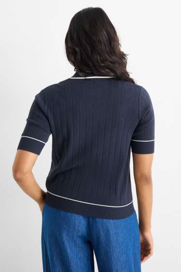 Femmes - Pull en maille - manches courtes - côtelé - bleu foncé / blanc