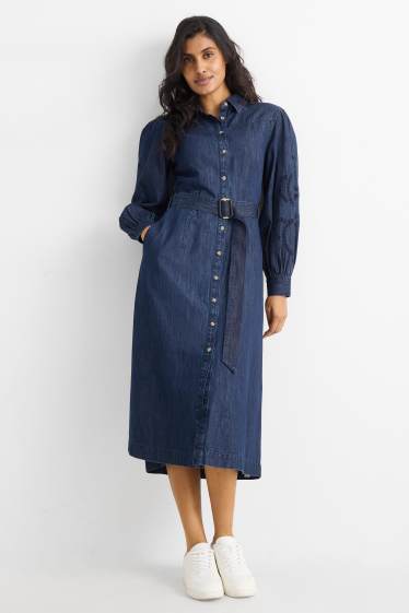 Femmes - Robe-chemisier en jean à ceinture - bleu foncé