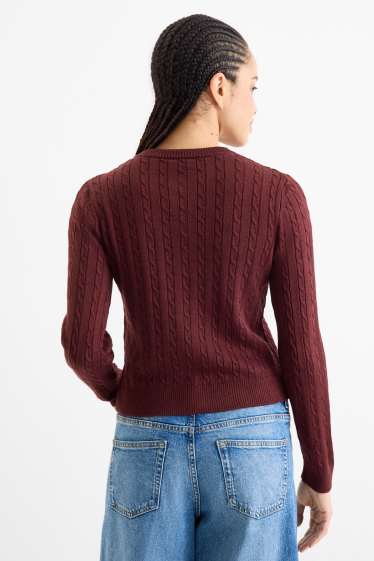 Femmes - Gilet en maille - motif tressé - bordeaux