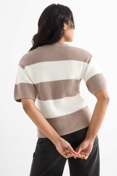 Donna - Maglione - a maniche corte - a coste - a righe - bianco / beige