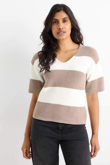 Donna - Maglione - a maniche corte - a coste - a righe - bianco / beige