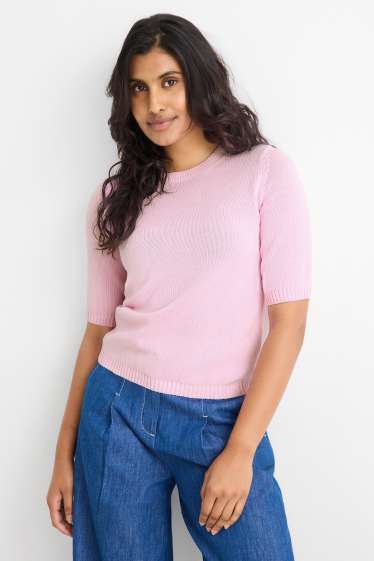 Dames - Gebreide trui - korte mouwen - roze