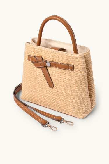 Dames - Schoudertas van raffia met afneembare draagriem - beige / bruin