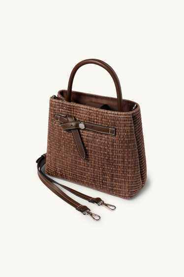 Damen - Bast-Umhängetasche mit abnehmbarem Taschengurt - dunkelbraun