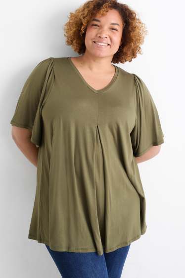 Damen - T-Shirt mit V-Ausschnitt - khaki