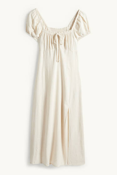 Dámské - Šaty s rozparkem a lněným podílem - s žabičkováním - světle béžová