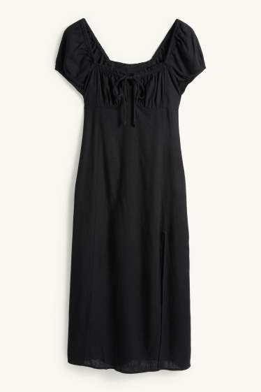 Femmes - Robe avec fente et teneur en lin - finition smockée - noir