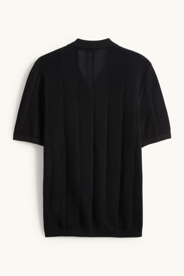 Heren - Gebreid overhemd - regular fit - reverskraag - met structuur - zwart