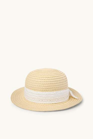 Kinder Mädchen - Stroh-Hut - Broderie Anglaise - hellbeige