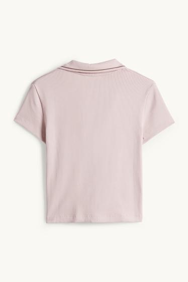 Women - Cropped polo shirt - slim fit - ribbed - rose