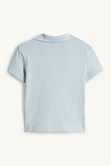 Women - Cropped polo shirt - slim fit - ribbed - light blue