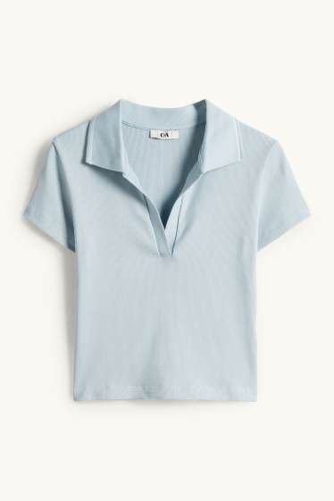 Women - Cropped polo shirt - slim fit - ribbed - light blue