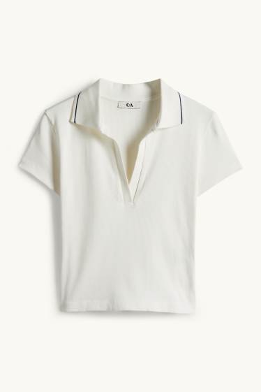Femmes - Polo court - slim fit - finition côtelée - blanc crème