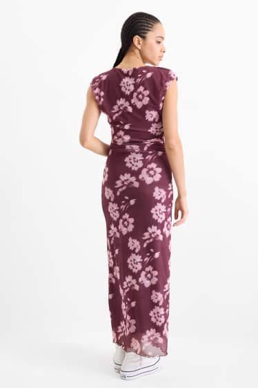 Femmes - Robe en maille-filet - à fleurs - bordeaux