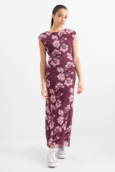 Femmes - Robe en maille-filet - à fleurs - bordeaux