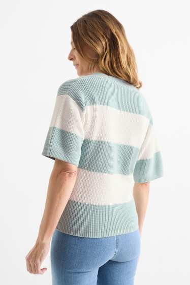 Women - Knitted jumper - short sleeve - ribbed - striped - mint green