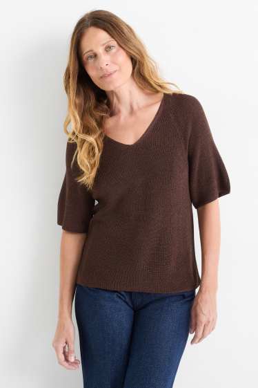 Women - Knitted jumper - short sleeve - shiny - dark brown