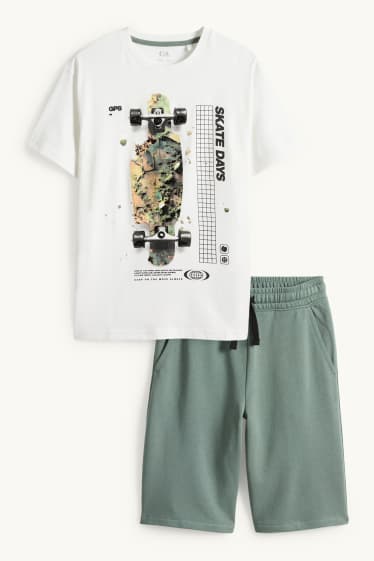 Enfants garçons - Skateboard - ensemble - T-shirt et short en molleton - 2 pièces - blanc / vert
