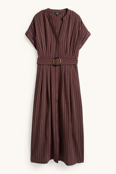 Femmes - Robe-chemise avec encolure en V et ceinture - fines rayures - marron
