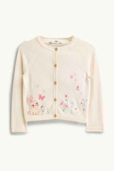Copii - Fete - Iepure, fluture și floare - cardigan tricotat - crem