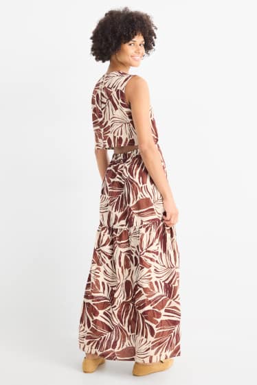 Dames - Fit & flare-jurk - linnenmix - met patroon - bruin / crème wit