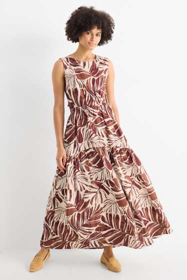 Dames - Fit & flare-jurk - linnenmix - met patroon - bruin / crème wit