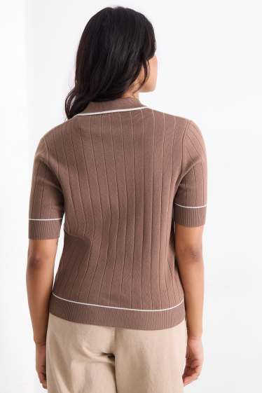 Dona - Jersei de punt de mitja - mànigues curtes - acanalat - marró