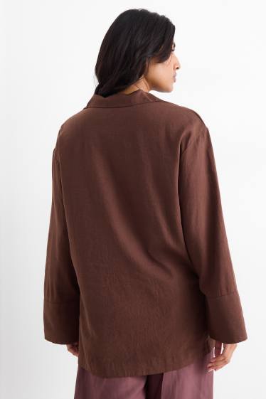 Damen - Bluse mit V-Ausschnitt - Leinen-Mix - dunkelbraun