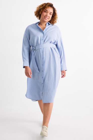 Damen - Blusenkleid mit Gürtel - gestreift - hellblau