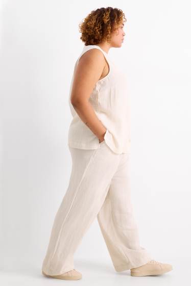 Femei - Pantaloni de stofă - talie medie - wide leg - amestec de in - bej deschis