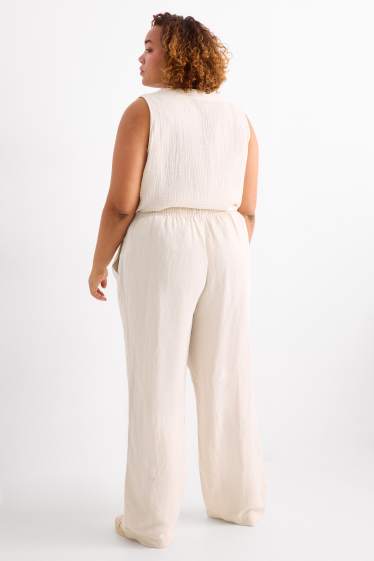 Femei - Pantaloni de stofă - talie medie - wide leg - amestec de in - bej deschis