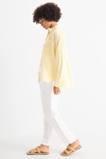 Dámské - Plátěné kalhoty - mid waist - tapered fit - lněná směs - bílá