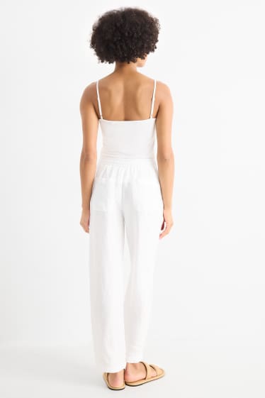 Dámské - Plátěné kalhoty - mid waist - tapered fit - lněná směs - bílá