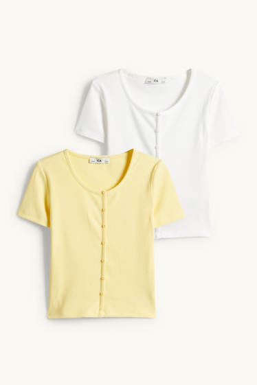 Kinderen: meisjes - Set van 2 - T-shirt - ribstof - wit / geel