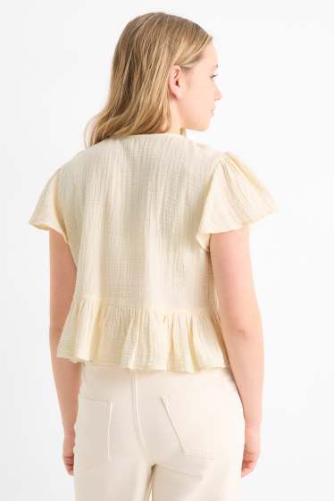 Kinderen: meisjes - Bloem - blouse van mousseline - beige