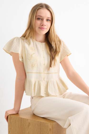 Kinderen: meisjes - Bloem - blouse van mousseline - beige