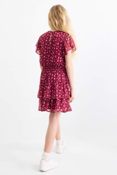 Children Girls - Dress - floral - bordeaux