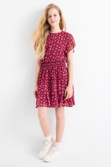 Children Girls - Dress - floral - bordeaux