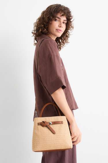 Dames - Schoudertas van raffia met afneembare draagriem - beige / bruin