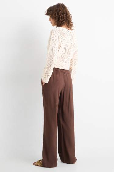 Dames - Pantalon - mid waist - wide leg - donkerbruin