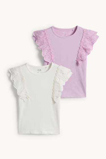 Kinderen: meisjes - Set van 2 - T-shirt - Broderie Anglaise - lichtpaars