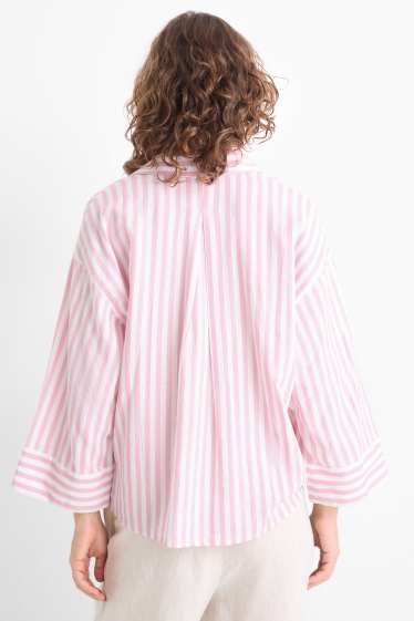 Mujer - Blusa con escote en pico - mezcla de lino - de rayas - blanco / rosa